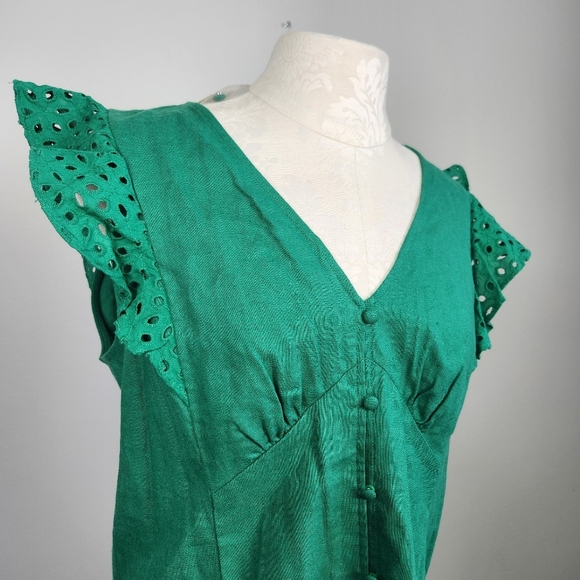Fairycore Green Linen Blend Milkmaid Sleeveless Top Eyelet Ruffle Sleeves Size M - Picture 3 of 9